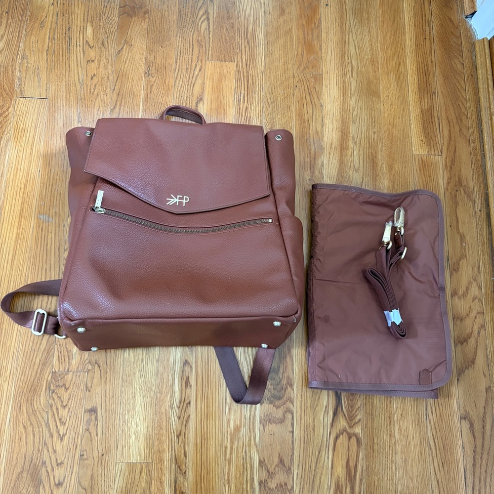 Freshly Picked Chestnut Brown Pebbled Leather Baby Backpack with Changing Pad